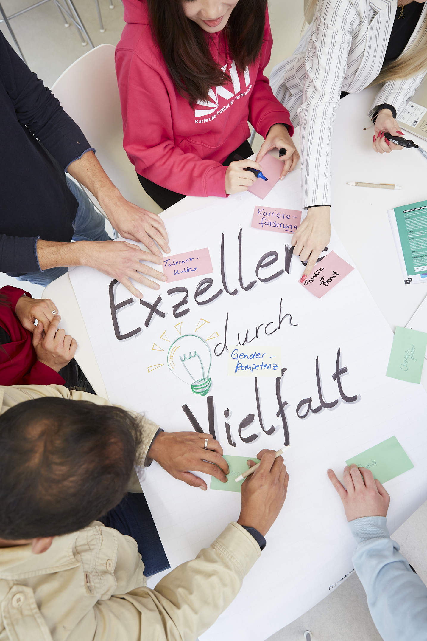 Personen schreiben Ideen zu Vielfalt und Exzellenz auf einem Plakat.
