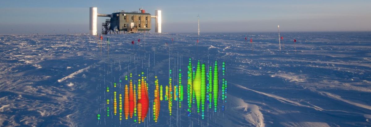 Neutrino-Messungen: Oberirdisches Teil des IceCube-Experiments und grafische Simulation eines Messsignals der Detektoren im Eis.