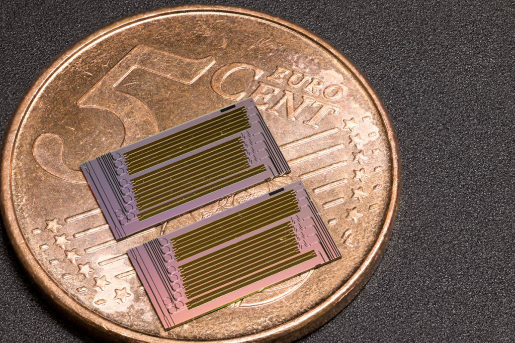 Foto eines Mikrochips im Vergelich zu einem 5-Cent-Stück