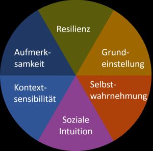 Dimensionen der emotionalen Stile im Kreisdiagramm: Grundeinstellung, Resilienz, soziale Intuition, Selbstwahrnehmung, Kontextsensibilit&auml;t und Aufmerksamkeit