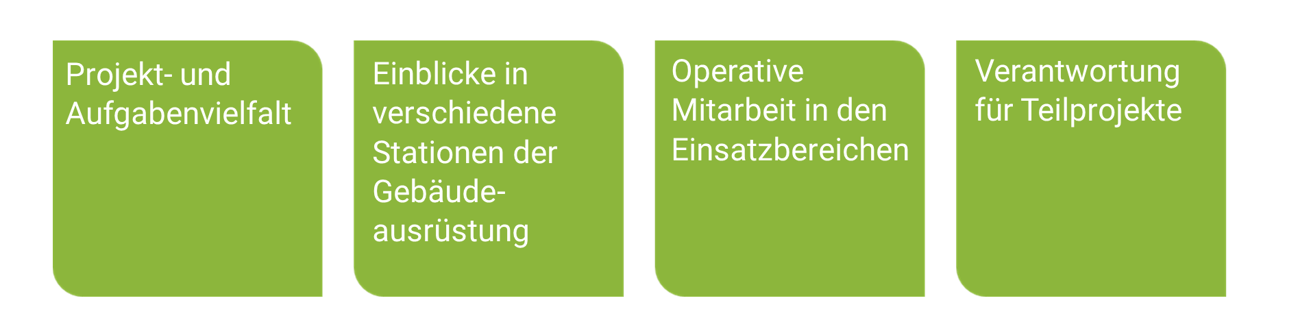 Projekt- und Aufgabenvielfalt, Einblicke in verschiedene Stationen der Geb&auml;udeausr&uuml;stung, Operative Mitarbeit in den Einsatzbereichen, Verantwortung f&uuml;r Teilprojekte
