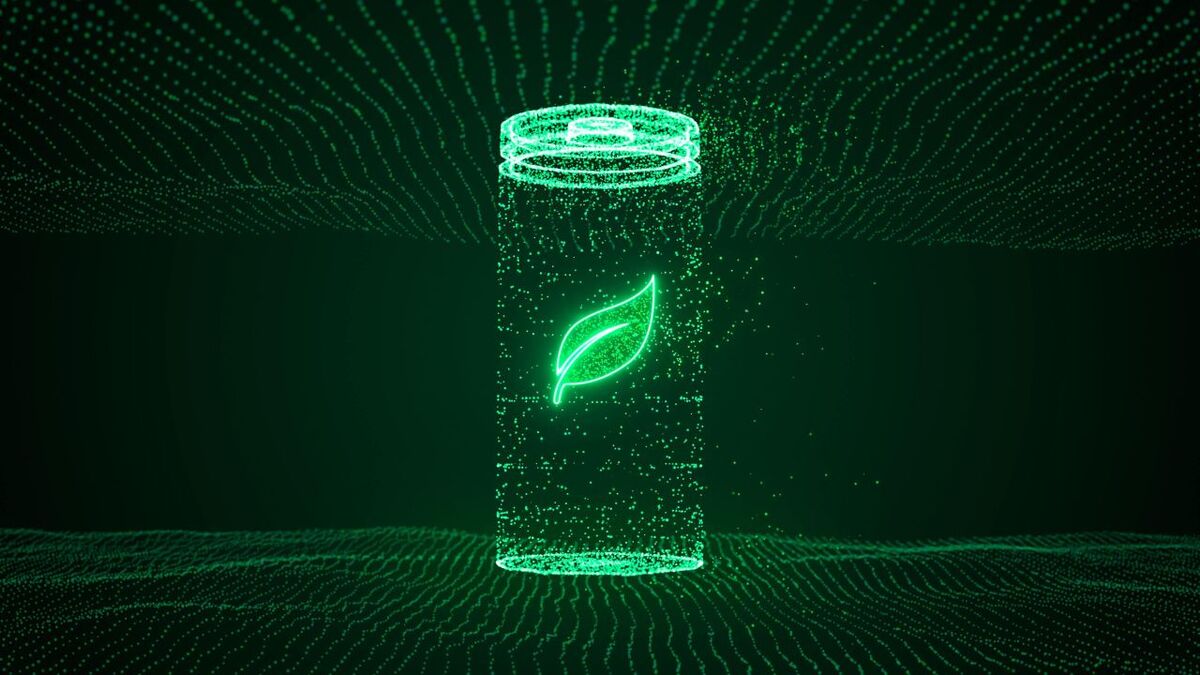 Grafische Darstellung einer Batterie, die mit einem Blatt gekennzeichnet ist, als Symbol für eine klimafreundliche Energieversorgung