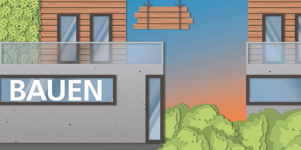 The cover of lookKIT shows a 2D representation of modern buildings, some constructed of wood and embedded in plants. On the left, about halfway up, is the topic of the current magazine: Building.