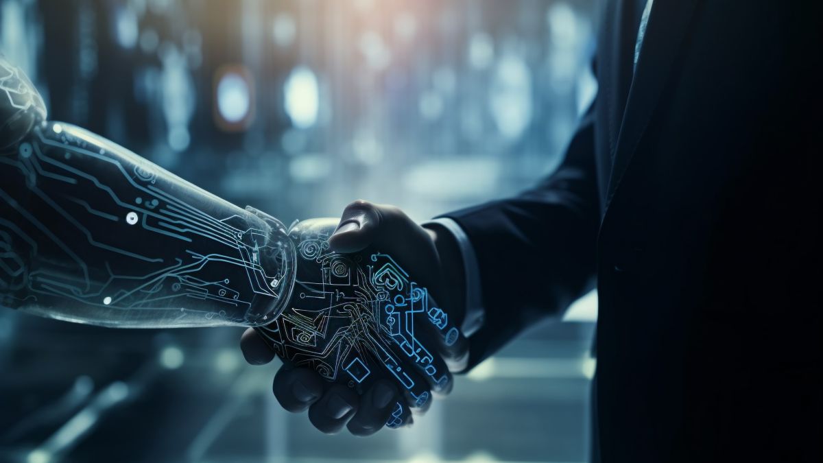 Geschäftsmann und KI-Roboter schütteln die Hand