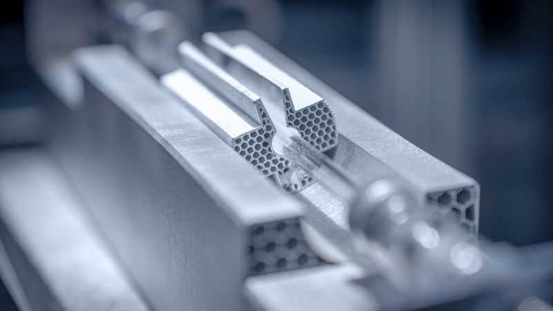 Nahaufnahme eines metallischen Bauteils mit einer  wabenartigen Gitterstruktur.