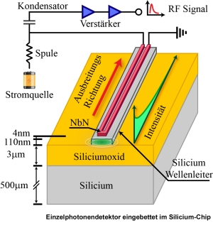 Fünf Faktoren überzeugen beim neuen Einzelphotonendetektor: 91% Entdeckungs-effizienz, direkte Integration auf dem Chip, Zählraten im Gigahertztempo, hohe zeitliche Auflösung und vernachlässigbare Dunkelzählraten; Quelle: KIT/CFN