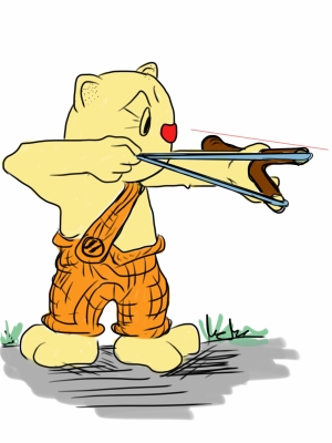 Pauli der Bär erläutert die Mechanik der Schleuder (Bild: Claus Mattheck, KIT) 