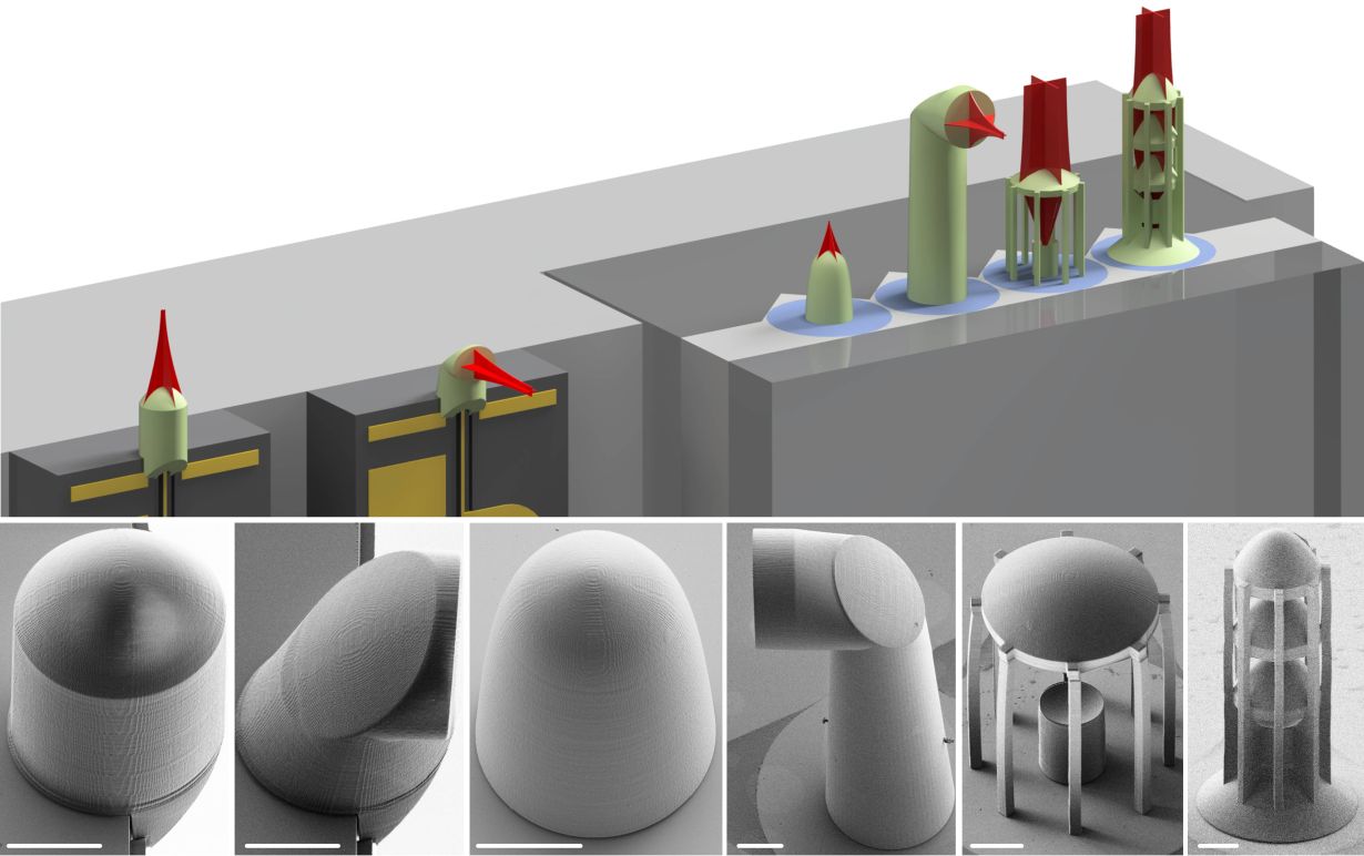 Mikrolinsen und Mikrospiegel lassen sich mit 3D-Nanodruck auf optischen Fasern und Mikrochips herstellen. Dies vereinfacht den Aufbau photonischer Systeme drastisch. (Abbildung: Philipp-Immanuel Dietrich/Florian Rupp/Paul Abaffy, KIT)