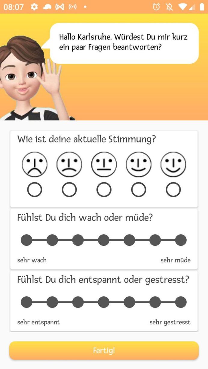 SmartAct Die SmartFamily-App fragt auch nach dem allgemeinen Befinden – und bietet Infos rund um Bewegung und Ernährung. (Abbildung: SmartAct)