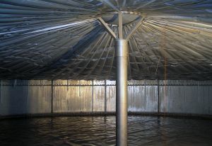 Innenansicht des Versuchsbeh&auml;lters bei zum Teil abgelegter Gasmembran auf der St&uuml;tzkonstruktion. (Foto: Rosemarie Wagner, KIT)