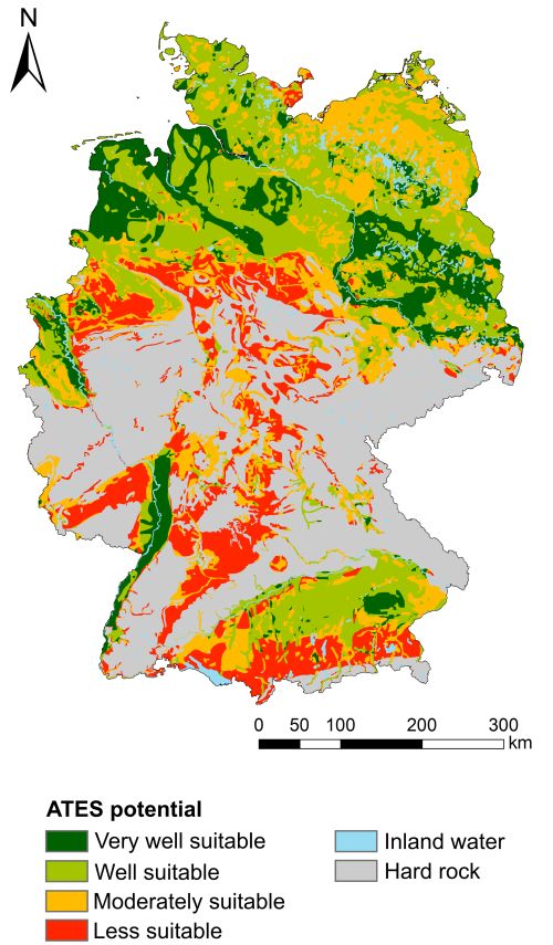 Das Norddeutsche Becken, der Oberrheingraben und das S&uuml;ddeutsche Molassebecken weisen besonders gro&szlig;e Potenziale f&uuml;r die Nutzung von thermischen Aquiferspeichern auf
