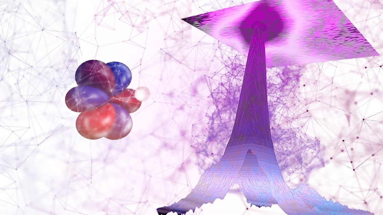 Steliyana Lehchanska/nature : Künstlerische Darstellung des Signals (r.), das bei Messungen der resonanten inelastischen Röntgenstreuung actinidhaltiger Proben auftritt und unter anderem die Zahl der Elektronen in den 5f-Orbitalen des Actinids (l.) verrät. (Grafik: Steliyana Lehchan