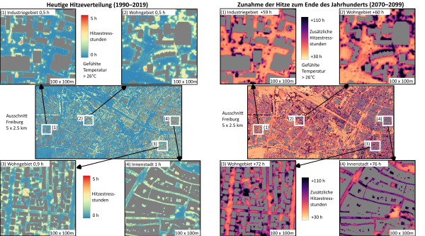 KI-Modell zur Vorhersageder Zunahme der Hitzebelastung in St&auml;dten in der Nacht bis zum Ende des Jahrhunderts im Vergleich zu heute.
