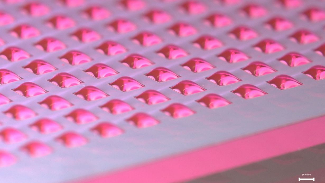 Liana Bauer, KIT Mit 200 Nanolitern pro Tropfen können Forschende bis zu 1 000 Experimente auf einem einzelnen Chip durchführen. Größe und Anzahl lassen sich dabei individualisieren. (Foto: Liana Bauer, KIT)