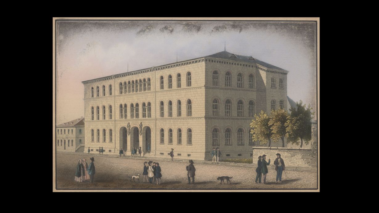 Die Polytechnische Schule um 1840: Das 1836 errichtete, dreistöckige Gebäude von Heinrich Hübsch bildet heute den Westflügel des KIT-Hauptgebäudes an der Kaiserstraße. (Foto: Unbekannt, KIT-Archiv)