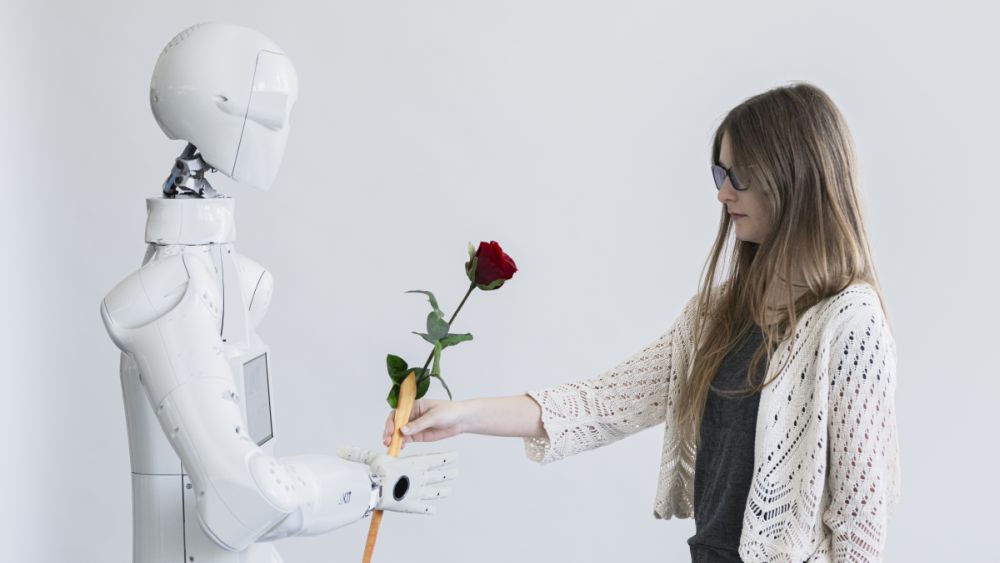 Humanoider Roboter der einer jungen Frau eine Rose überreicht.