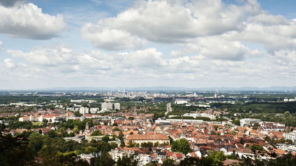 Luftaufnahme einer Stadt mit stadtnahen Wäldern
