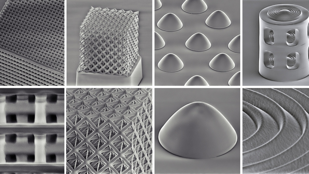 Verschiedene Formen von Quarzglasstrukturen (Quader, Kegel, Gitter).