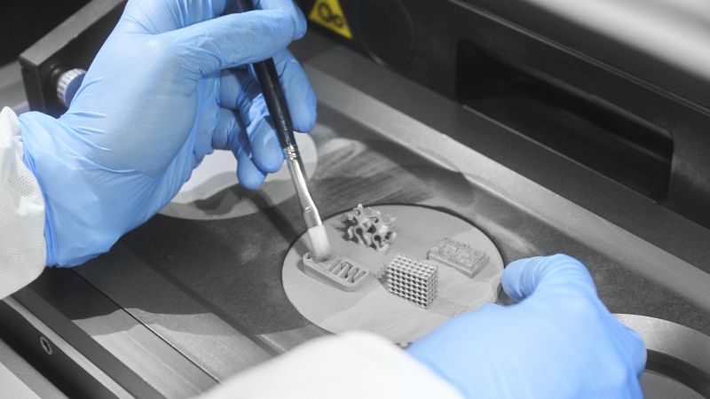 Person in blauen Handschuhen bearbeitet 3D-Druck-Bauteil mit einem Pinsel.
